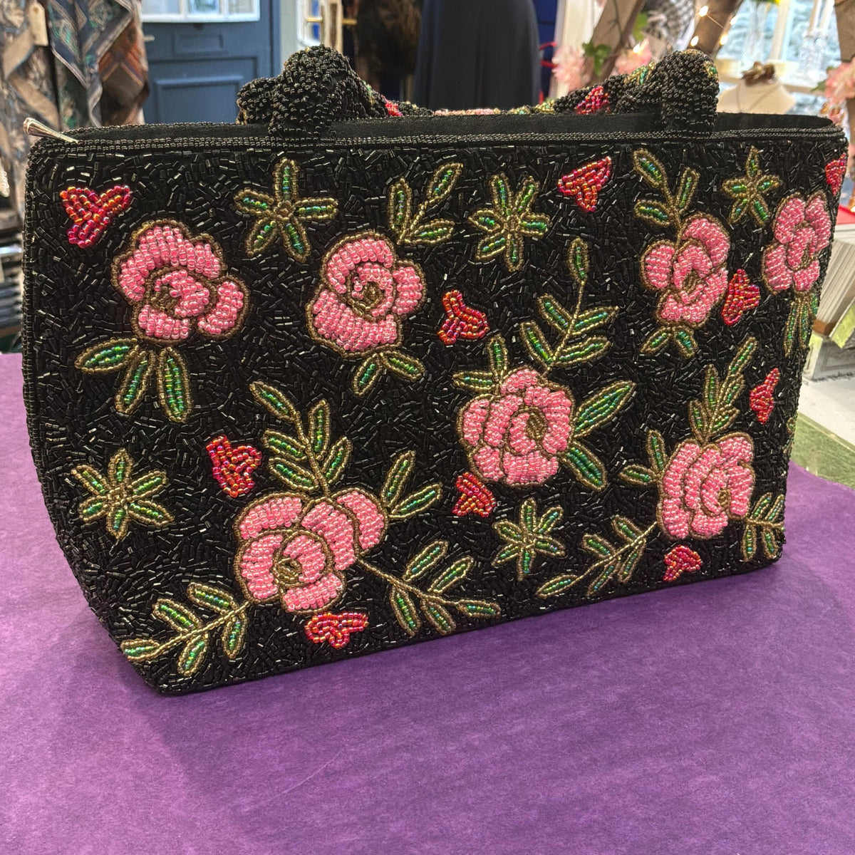 Vintage Large Beaded Evening Bag in Black with Roses