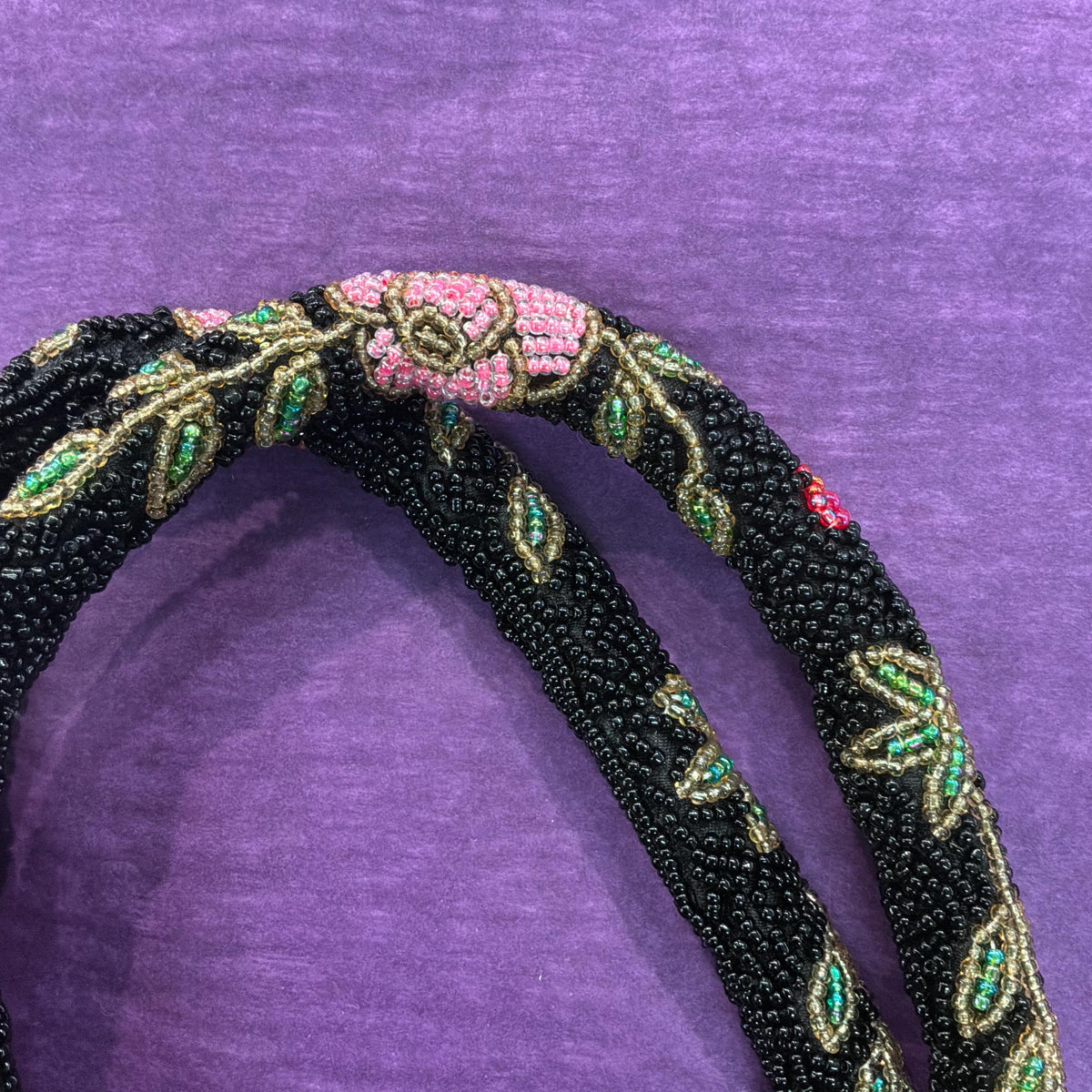 Vintage Large Beaded Evening Bag in Black with Roses