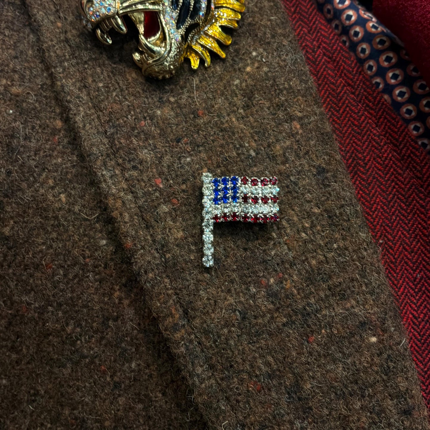 Vintage Crystal Stars and Stripe American Style Flag Brooch/ Lapel Pin
