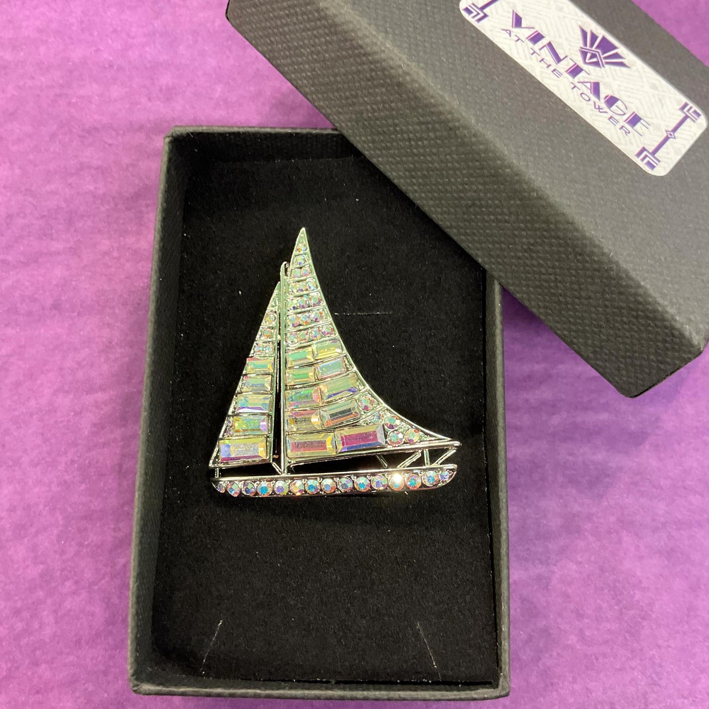 Vintage Butler & Wilson Sailing Boat Brooch AB Crystal Silver Tone