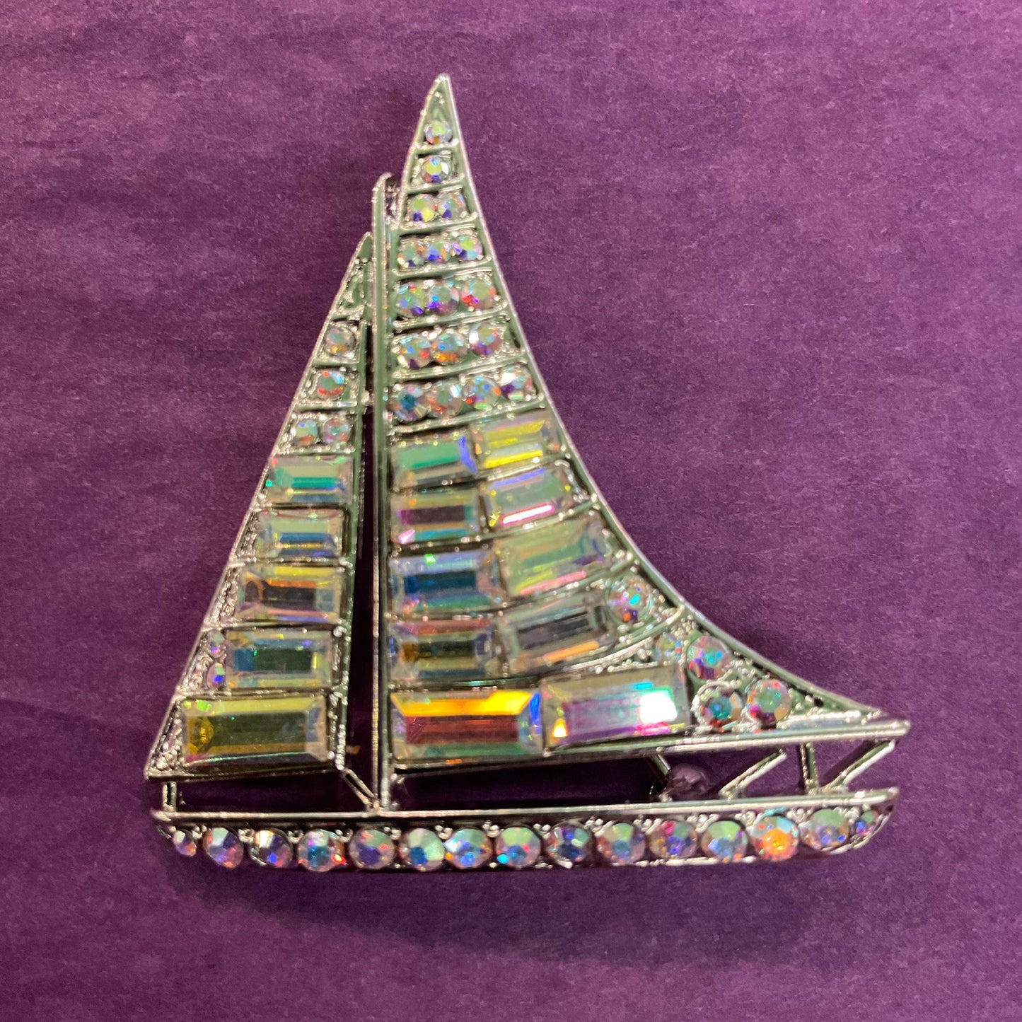 Vintage Butler & Wilson Sailing Boat Brooch AB Crystal Silver Tone