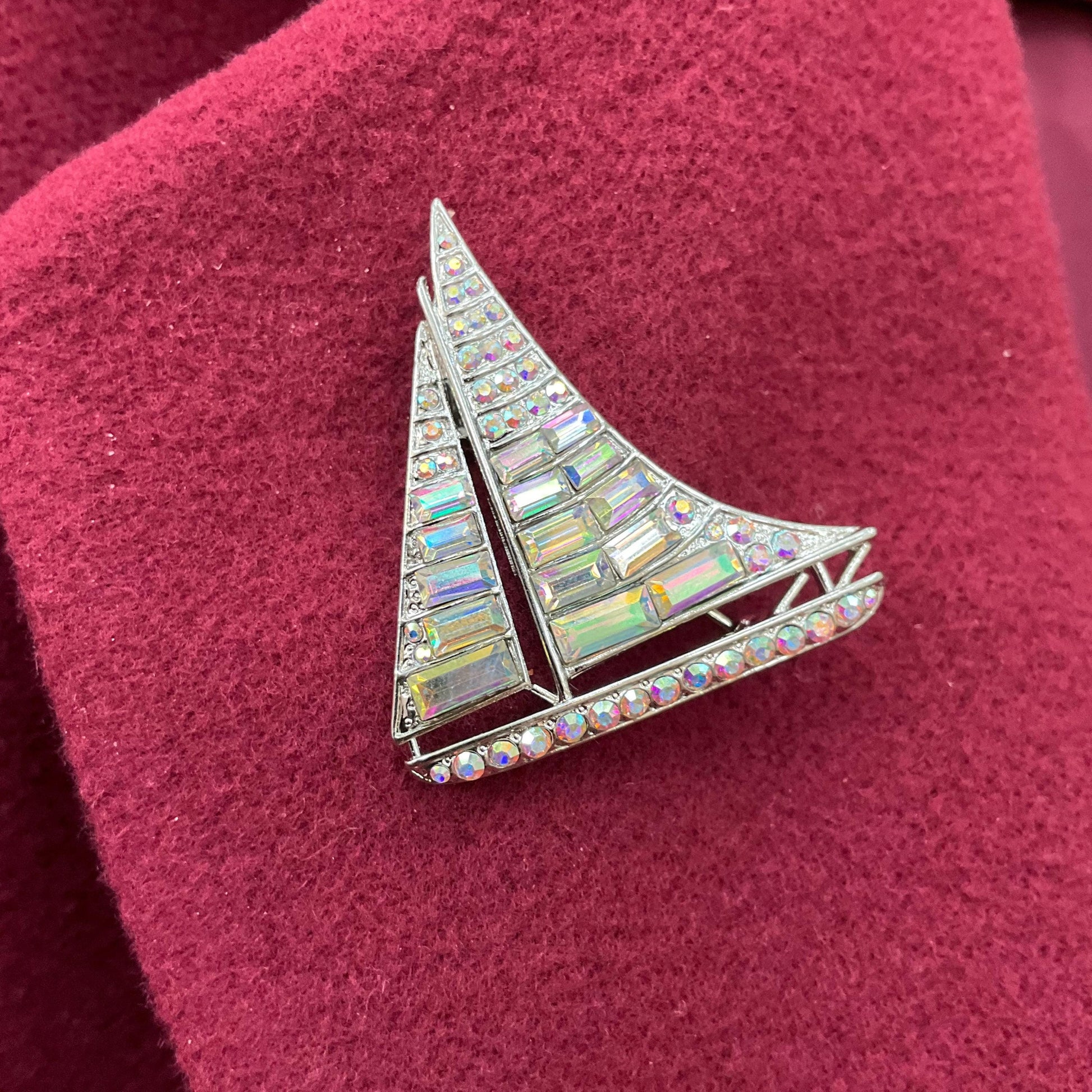 Vintage Butler & Wilson Sailing Boat Brooch AB Crystal Silver Tone