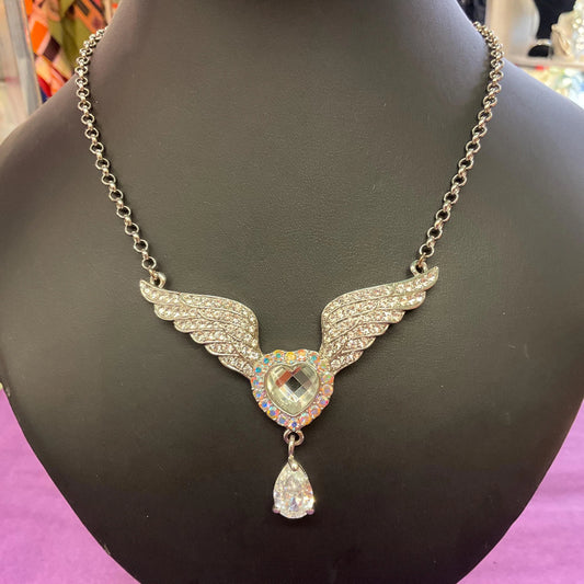 Vintage Butler and Wilson Angel wing and Heart Crystal Drop Pendant, silver & Aurora Borealis rhinestone crystals, signed in original box