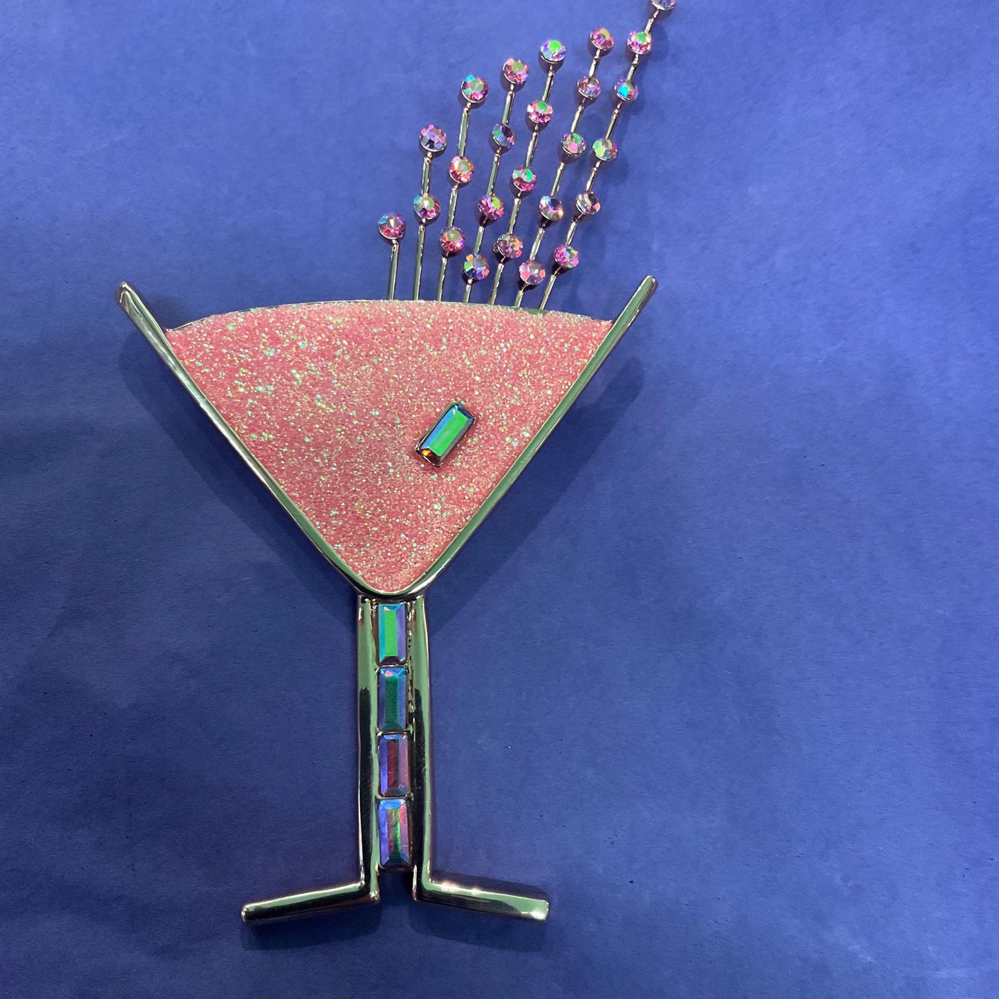 Vintage  Butler and Wilson Large Pink Glitter Crystal Cocktail Glass Brooch, Rose Gold tone with Crystal Glitter and Rainbow Rhinestones