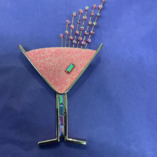 Vintage  Butler and Wilson Large Pink Glitter Crystal Cocktail Glass Brooch, Rose Gold tone with Crystal Glitter and Rainbow Rhinestones