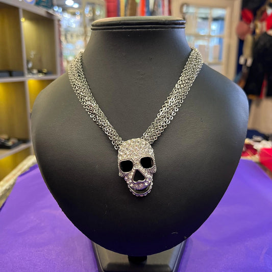 Vintage Butler and Wilso Statement Crystal Multistrand Chain Skull Necklace, silver tone and crystals