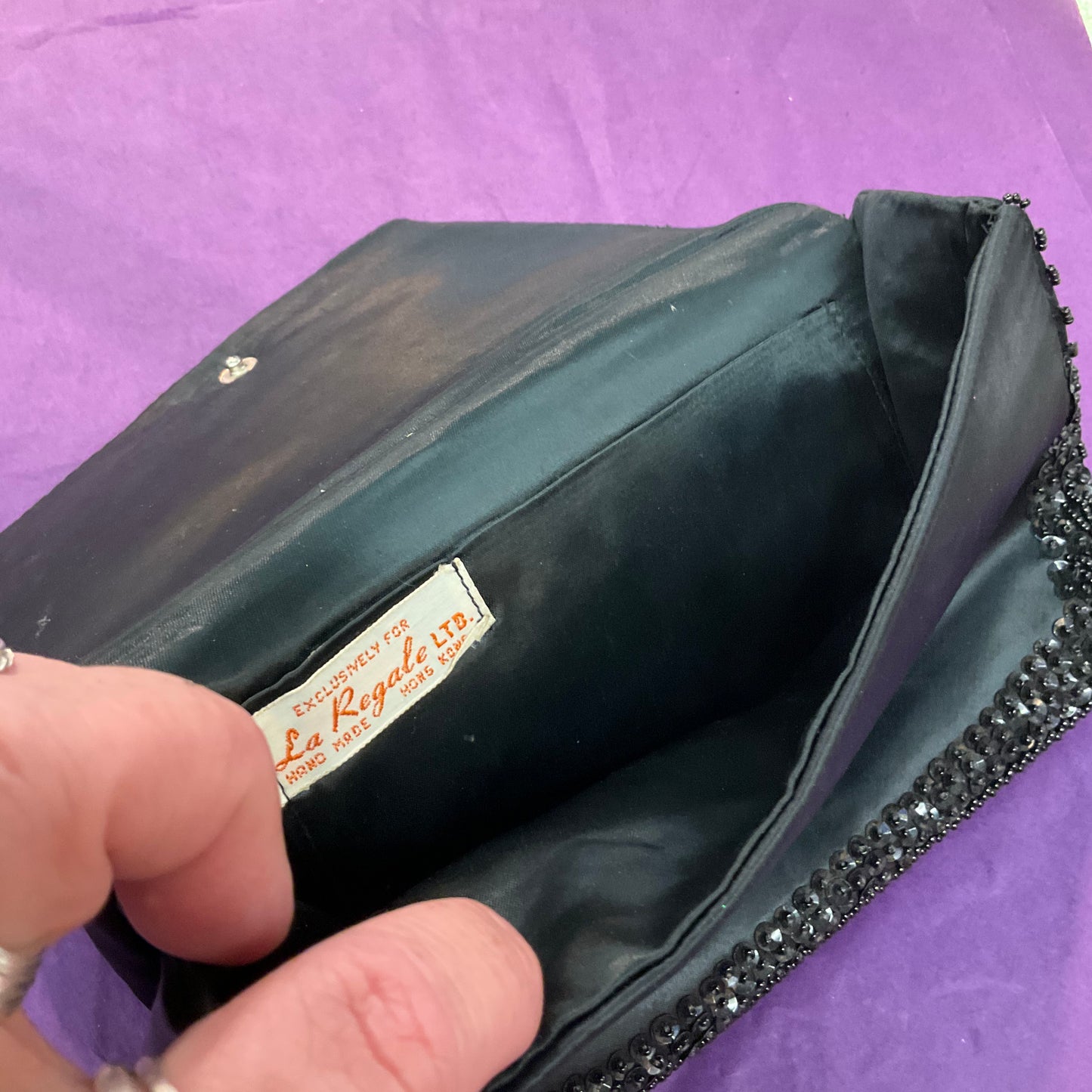 La Regale Beaded Bow Black Satin Shoulder Bag — Restore & Upcycle