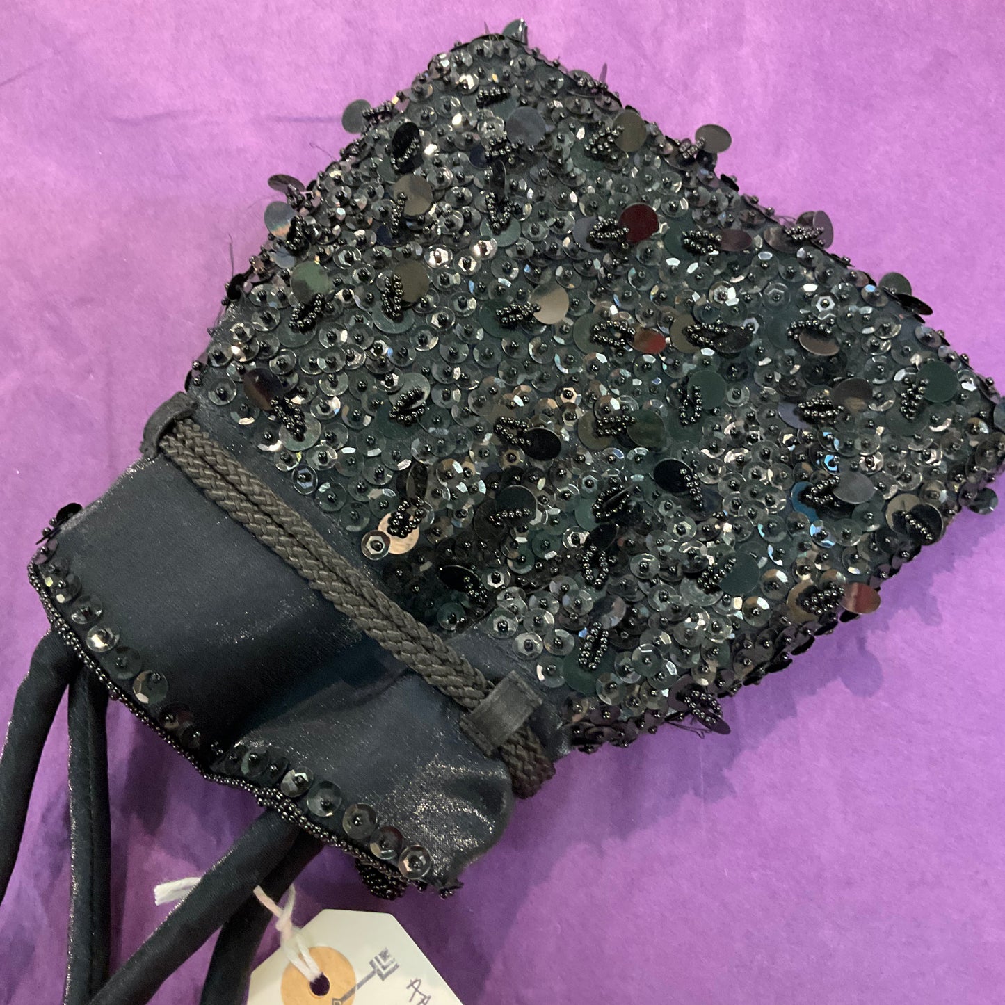 Vintage Black Satin Beaded Drawstring Bag By Suzy Smith