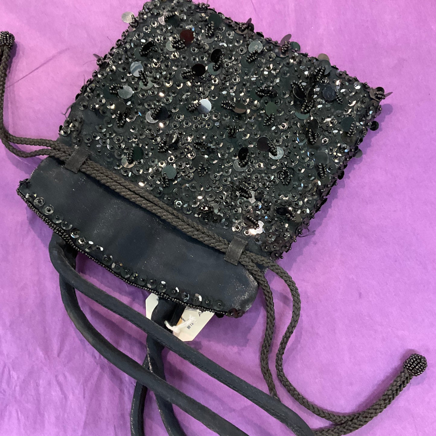 Vintage Black Satin Beaded Drawstring Bag By Suzy Smith