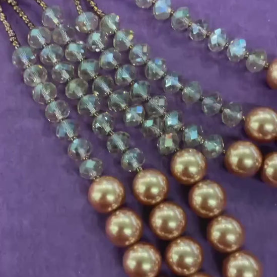 Vintage Butler and Wilson Gold Tone Borealis Crystal and Faux Pearl Triple Strand Statement Necklace