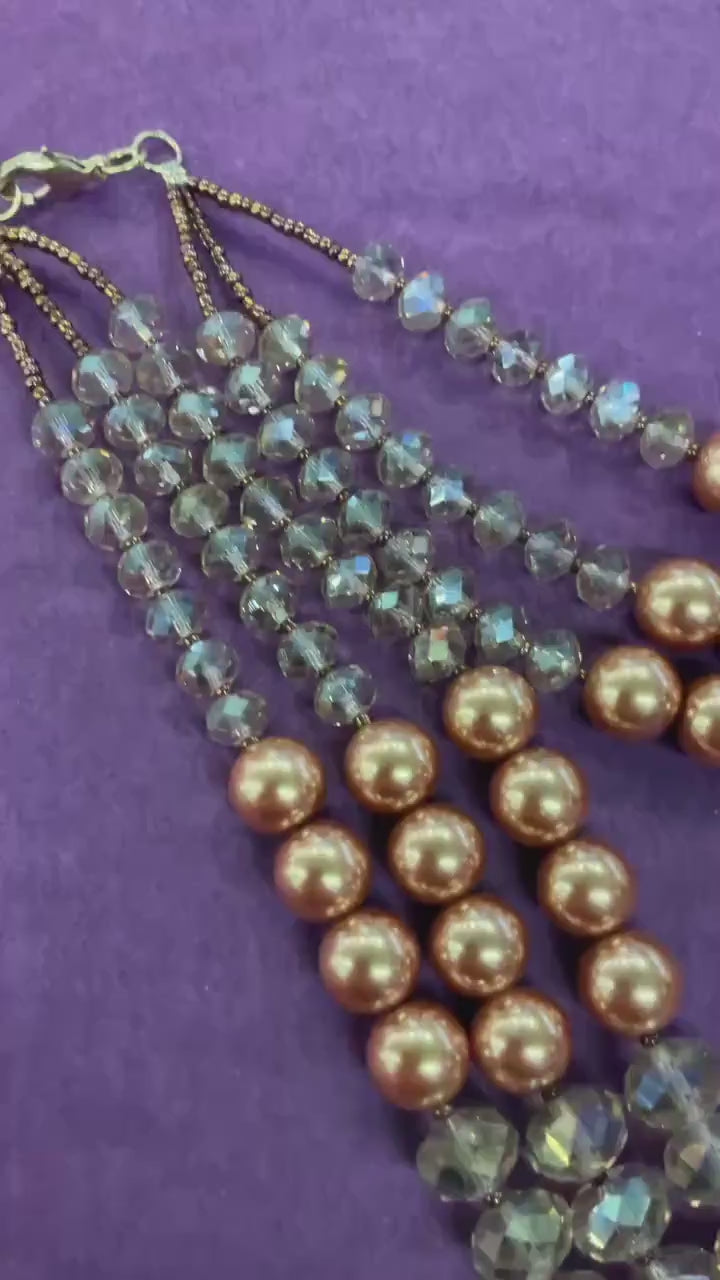 Vintage Butler and Wilson Gold Tone Borealis Crystal and Faux Pearl Triple Strand Statement Necklace