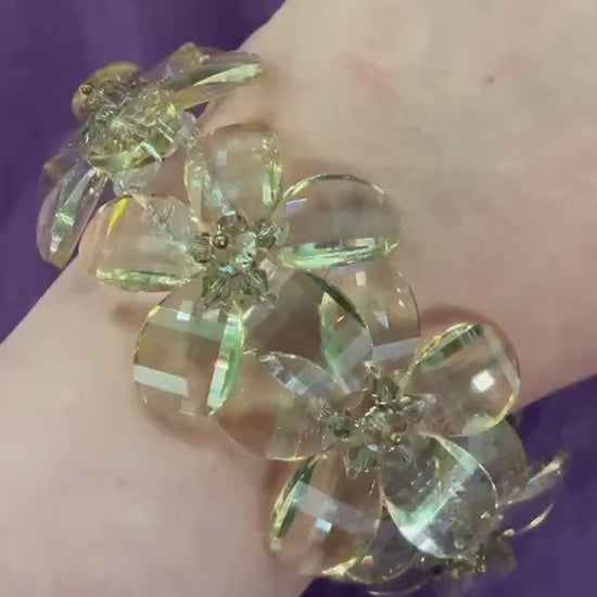 Vintage Butler and Wilson Champange/ Pale Gold Statement Floral Crystal Bracelet , Chequerboard cut Crystal