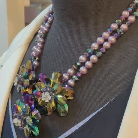 Vintage Butler and Wilson Purple Borealis Crystal and Faux Pearl Floral Statement Necklace