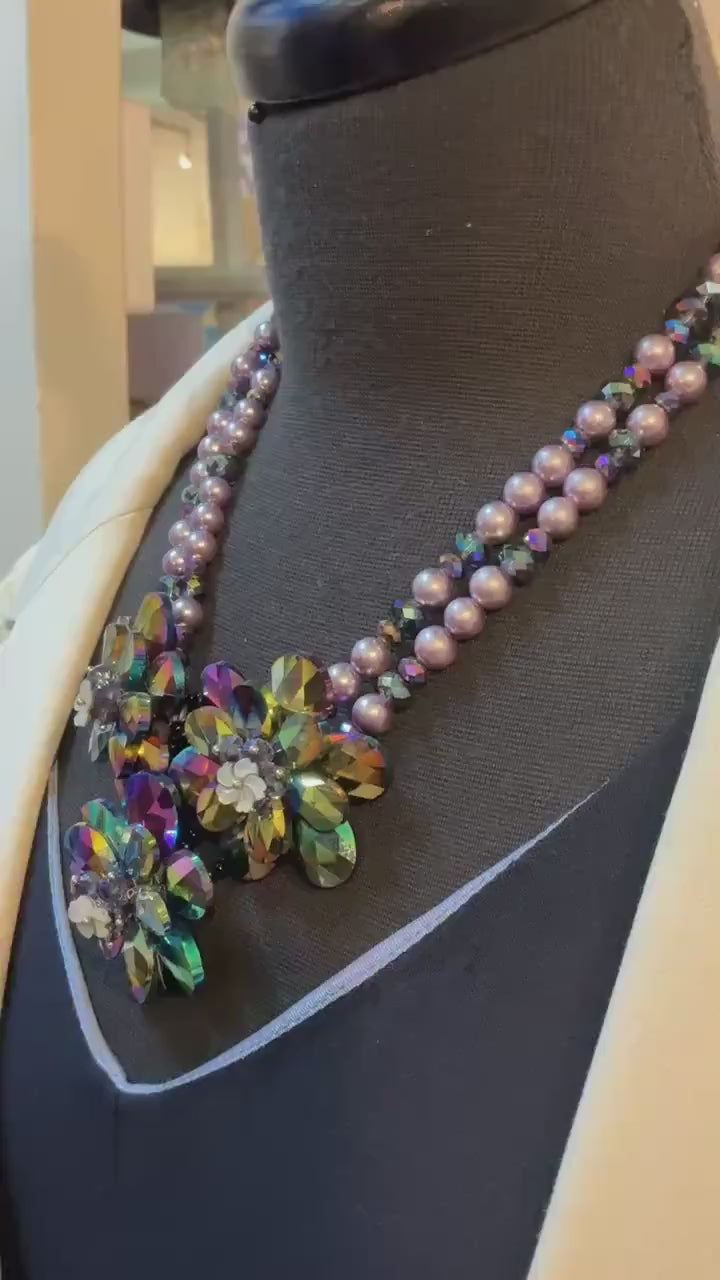 Vintage Butler and Wilson Purple Borealis Crystal and Faux Pearl Floral Statement Necklace