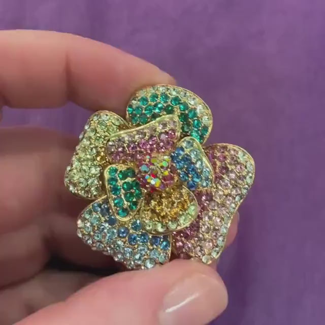 Vintage Butler and Wilson Rainbow Crystal Floral Statement Ring, Adjustable from UK Size Q, US 8.5