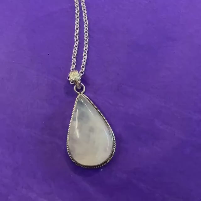 Vintage Large Moonstone Teardrop Shaped Silver Pendant, 20” Silver Plated Chain
