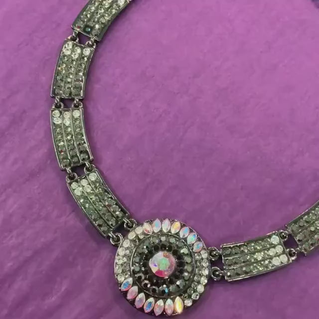 Vintage Butler and Wilson Crystal Dark Pewter Art Deco Style Panel Necklace