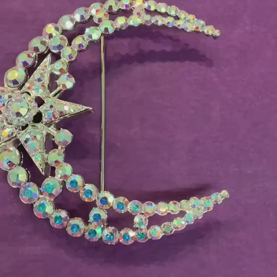 Vintage Butler and Wilson Statement Crystal Moon and Star Large Brooch, Aurora Borealis Rainbow Crystals