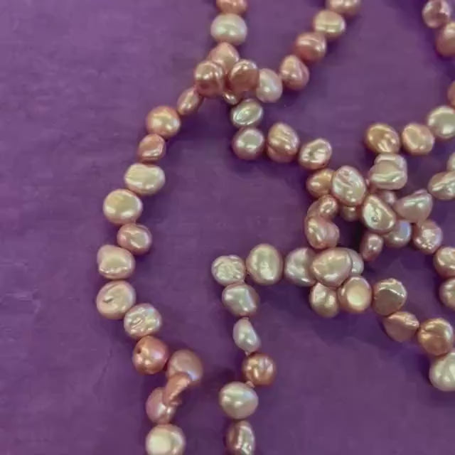 Vintage Flapper Length Pink Fresh Water Pearl Necklace , organic nugget shaped pearls