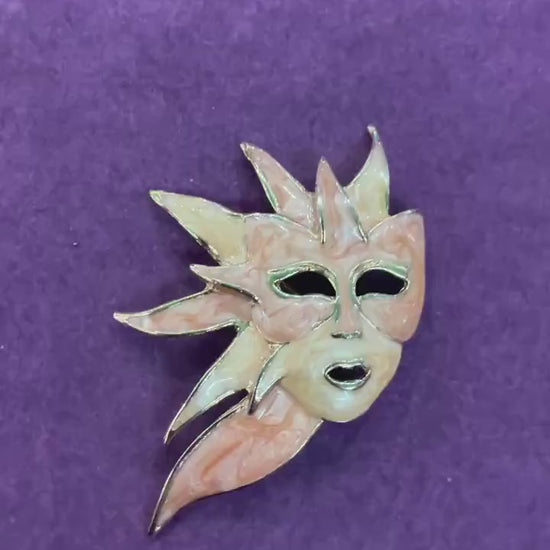 Vintage Enamel and Gold Tone Venetian Mask Brooch