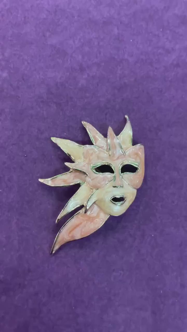 Vintage Enamel and Gold Tone Venetian Mask Brooch