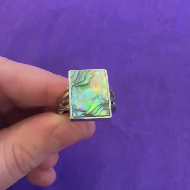 Vintage Silver and Abalone Shell Celtic Style Ring, Size UK S, US 9