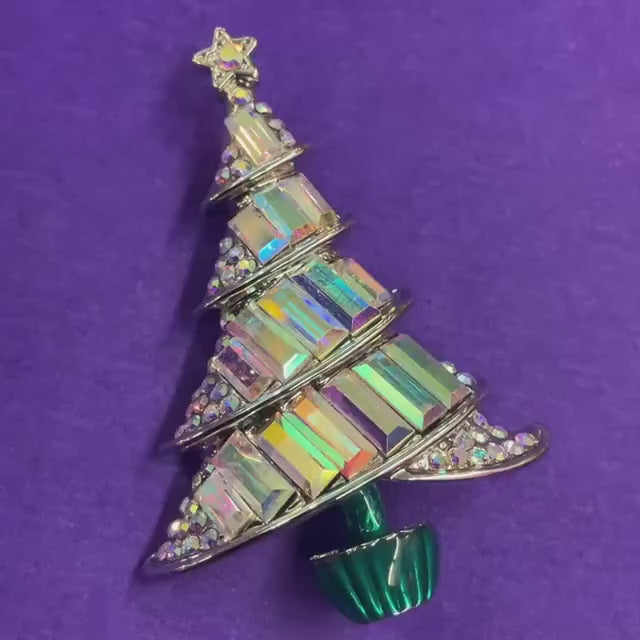 Vintage Butler and Wilson Festive Crystal Christmas Tree Brooch, uproar Borealis Baguette Crystals and Rhinestones