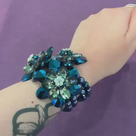 Vintage Butler and Wilson Blue Borealis Crystal and Faux Pearl Elasticated Floral Bracelet