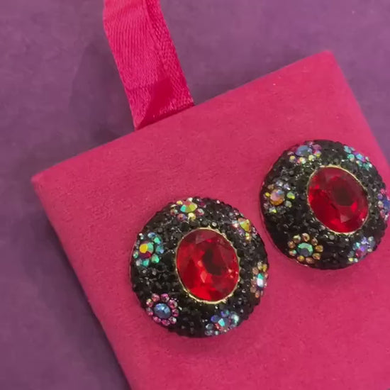 Vintage Butler and Wilson Crystal Large Button Floral Stud Earrings