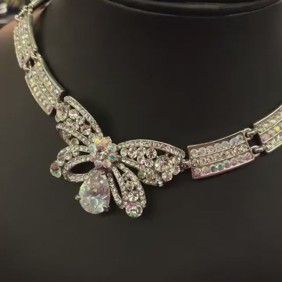 Vintage Butler and Wilson Silver Crystal Bow Panel Necklace, Art Deco Style with Borealis and Silver rhinestone Crystals