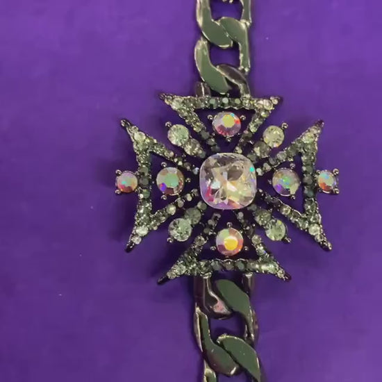 Vintage Butler and Wilson Crystal Gothic Stylised Cross Chain Bracelet, Dark Pewter Tone with Silver and Aurora Borealis Crystals