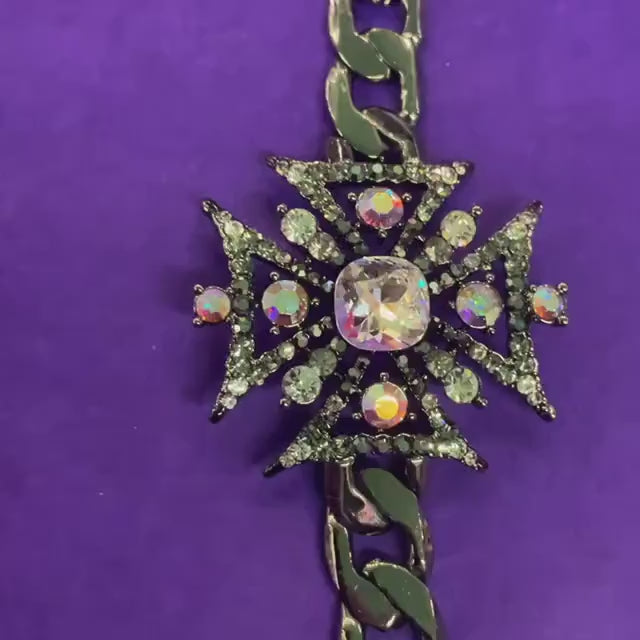 Vintage Butler and Wilson Crystal Gothic Stylised Cross Chain Bracelet, Dark Pewter Tone with Silver and Aurora Borealis Crystals