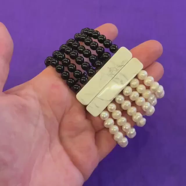 Vintage Art Deco Style Monotone Fresh Water Pearl and Onyx Wide Bracelet