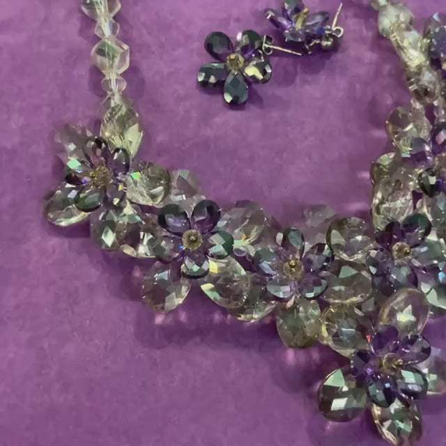 Vintage Butler and Wilson Purple and Pewter Crystal Beaded Floral Necklace and Earring Set