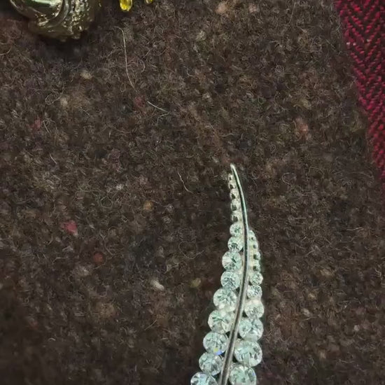 Vintage Midcentury Crystal Leaf Brooch in Silver Tone Metal