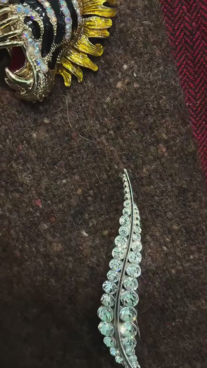 Vintage Midcentury Crystal Leaf Brooch in Silver Tone Metal