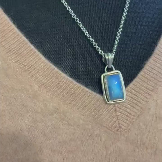 Vintage Artisan Jeweller Made Silver and Moonstone Pendant, 20” Silver Plated Chain