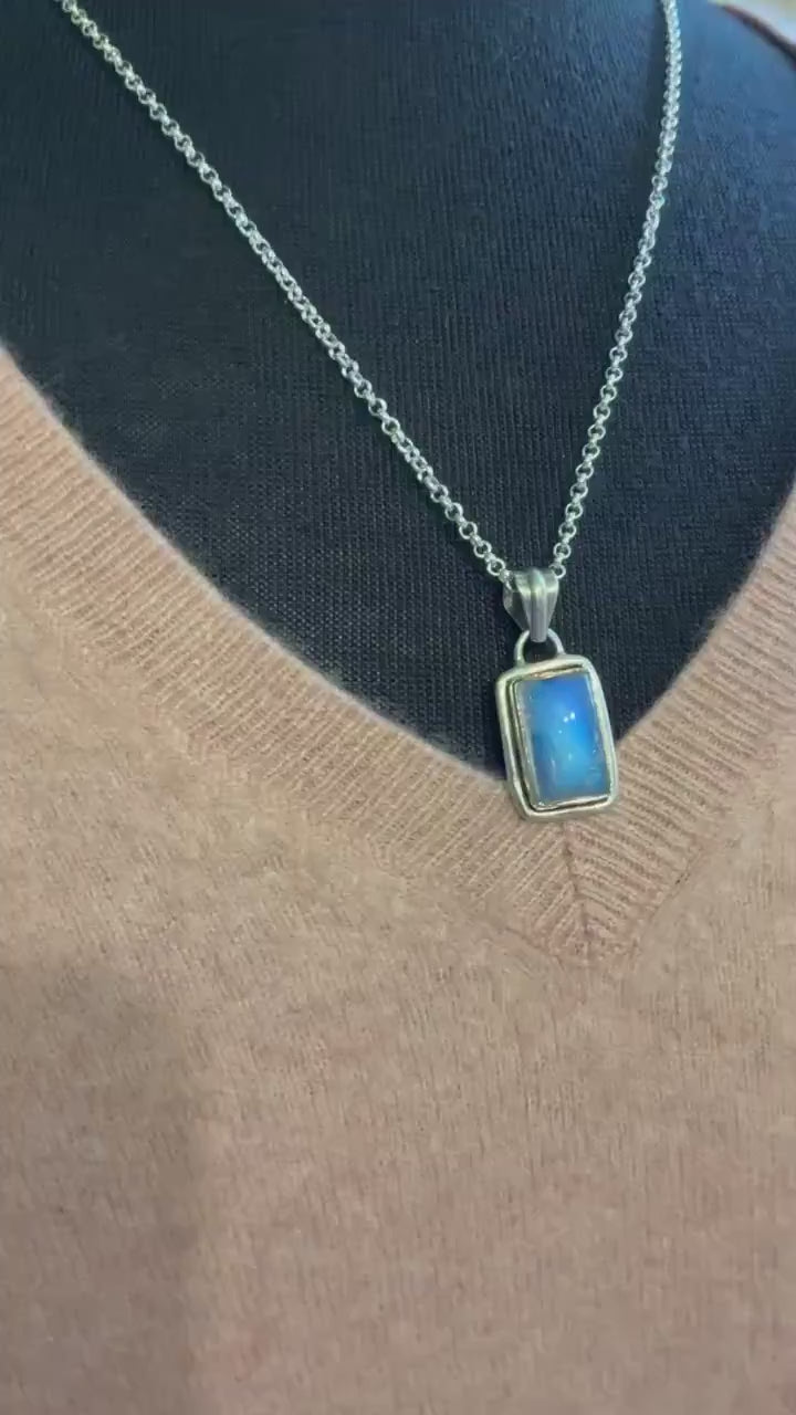Vintage Artisan Jeweller Made Silver and Moonstone Pendant, 20” Silver Plated Chain