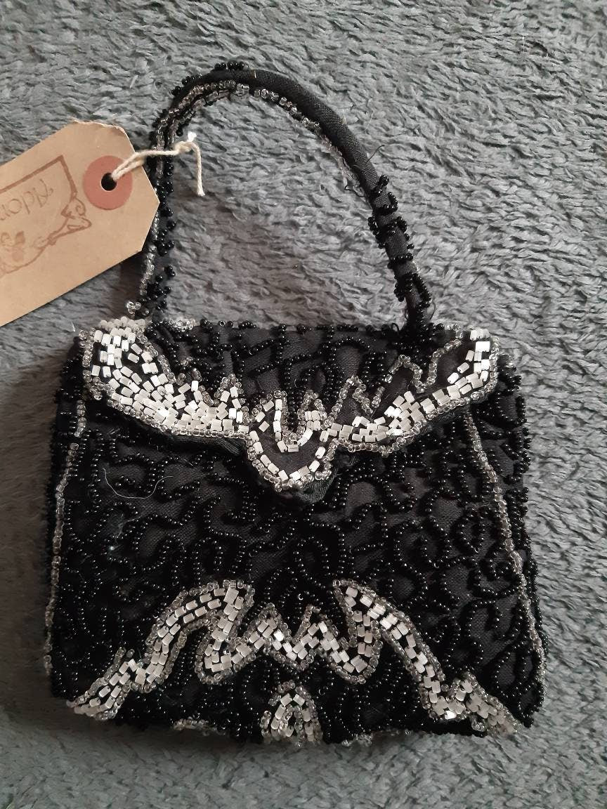 Vintage Black and White Art Deco hand made beaded evening bag