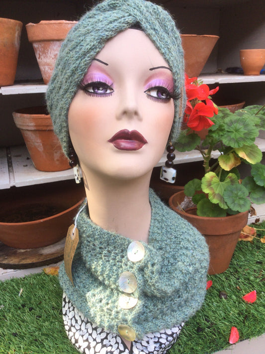 Hand knitted ‘Camille’ Alpaca cowl with vintage buttons.