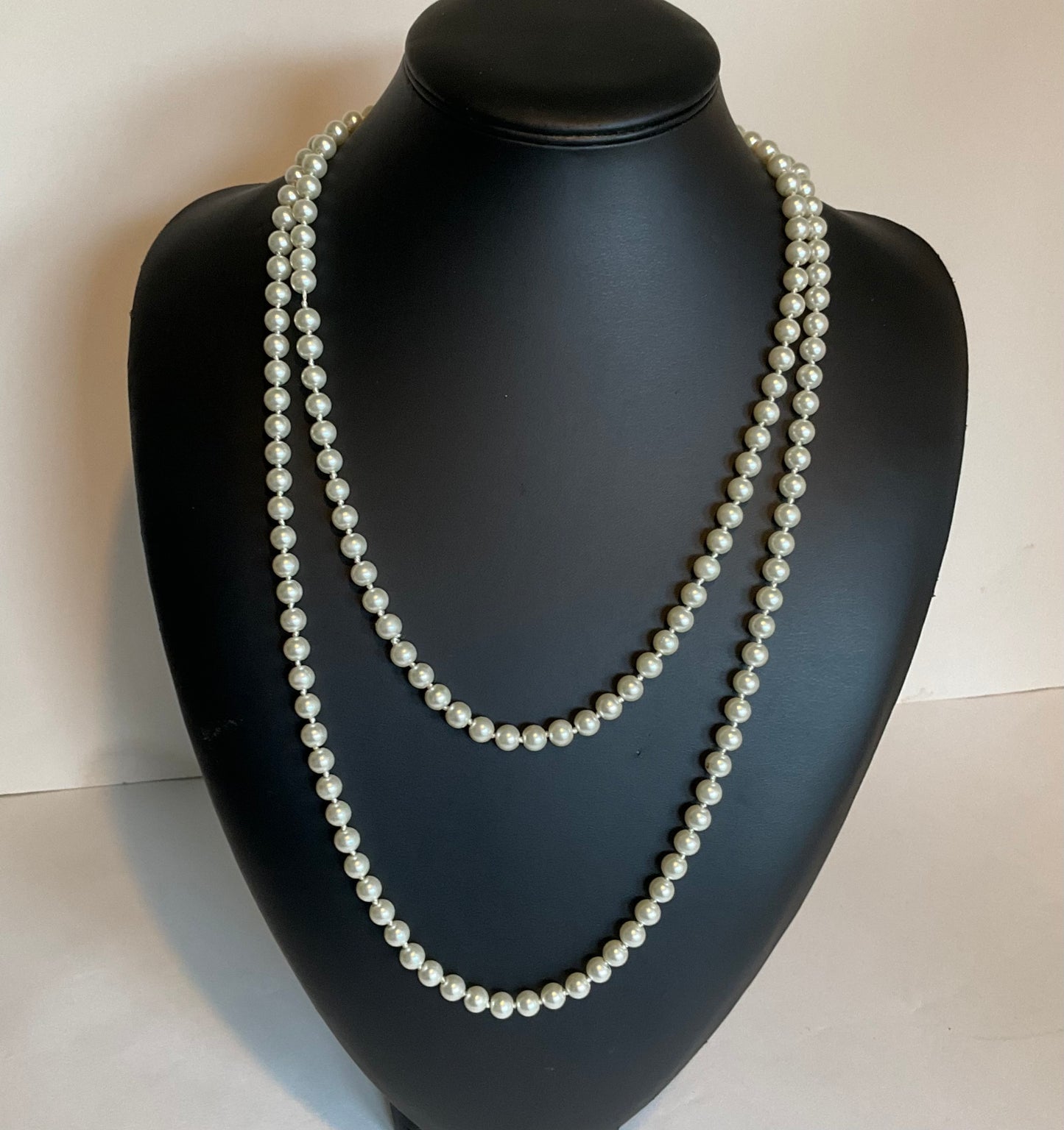 Vintage Long White Flapper Faux Pearl Necklace