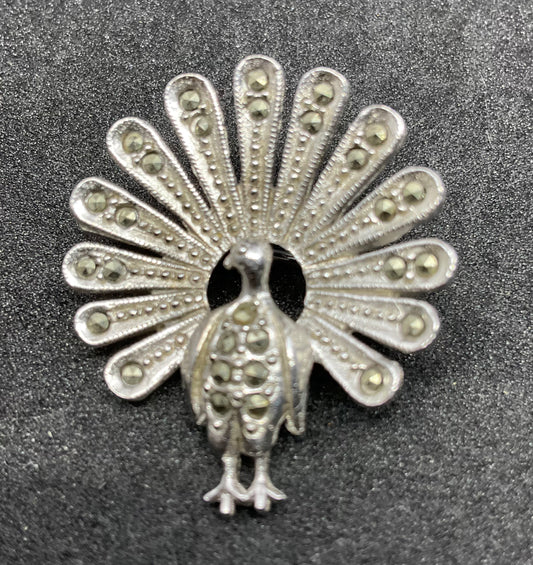 Vintage Marcasite Silver Peacock Brooch