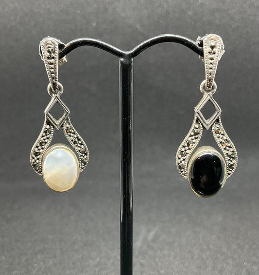 Vintage Silver Moonstone & Obsidian Spinner reversible Earrings
